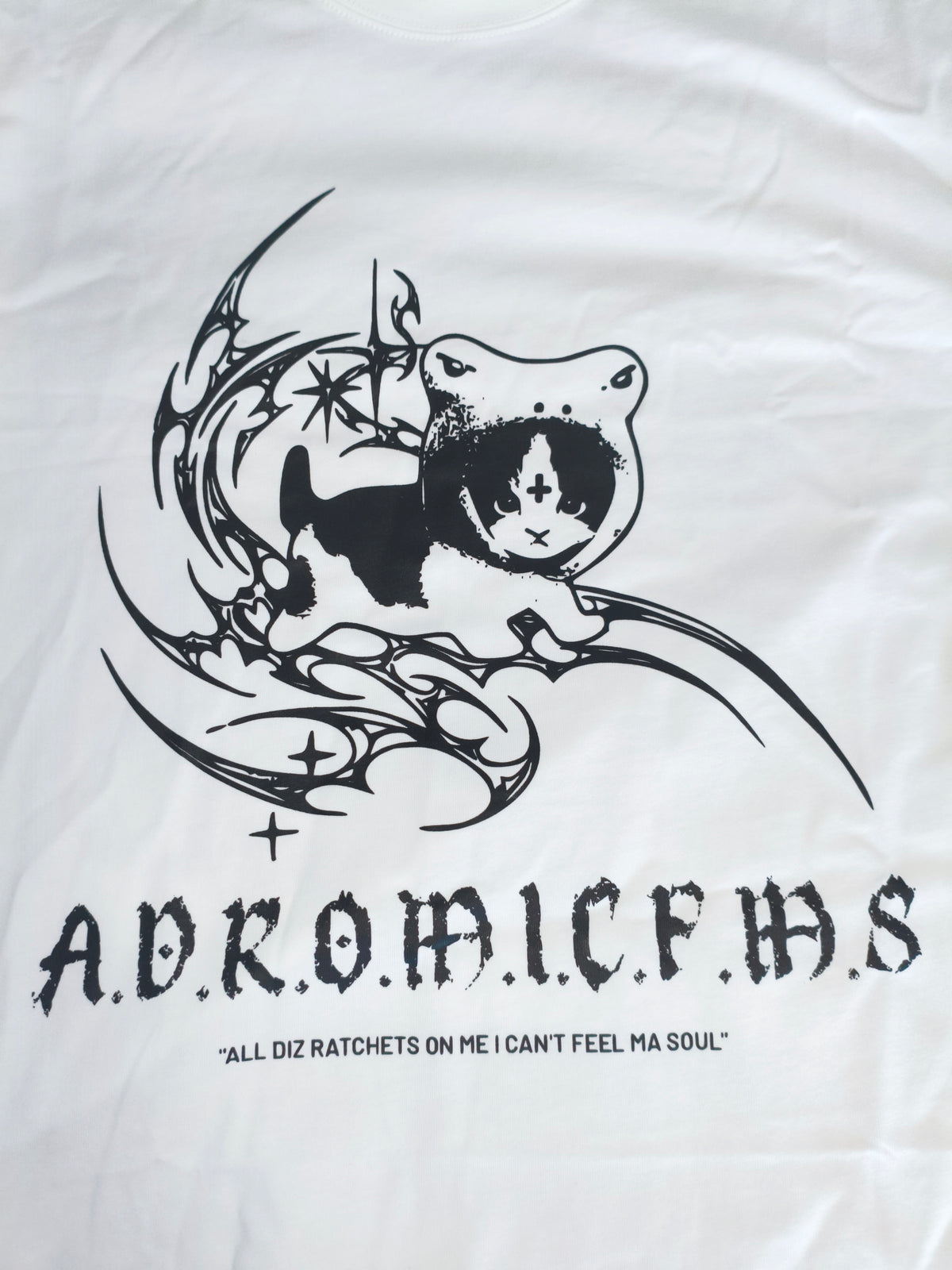 Detalle ampliado del diseño de la camiseta GatoBeef de Drip Needle